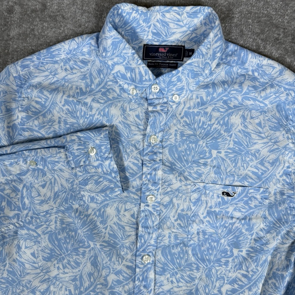 Vineyard Vines Shirt Men's Medium Blue Floral Slim Fit Tucker Long Sleeve Button
